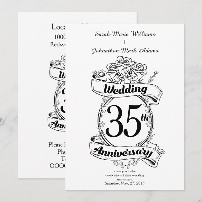 35th Wedding Anniversary Flowers black and white Invitation (Front/Back)