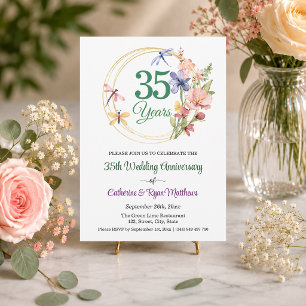 35th Wedding Anniversary Gold Frame Floral Invitation