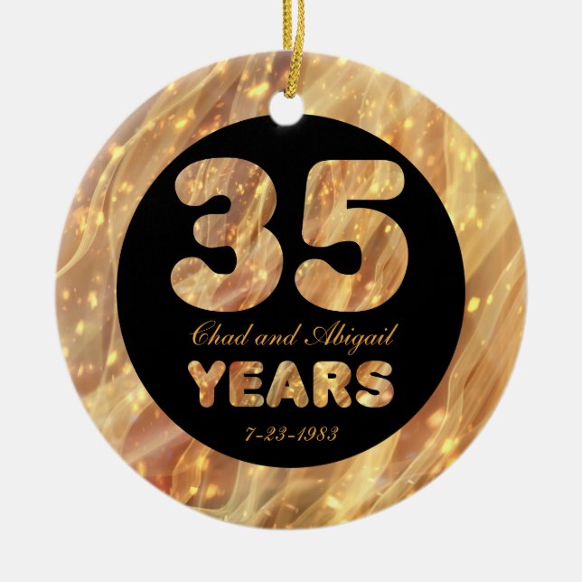 35th Wedding Anniversary Gold Party Lights Ceramic Ornament (Front)