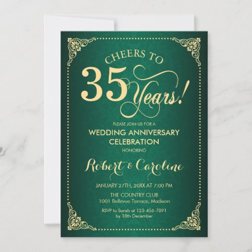 35th Wedding Anniversary _ Green Gold Damask Invitation