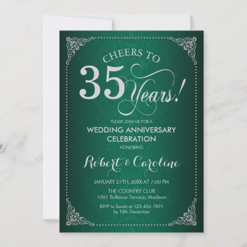 35th Wedding Anniversary _ Green Silver Damask Invitation