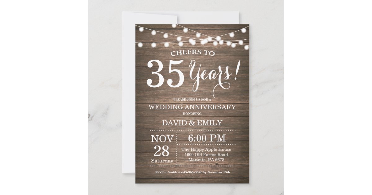 35th Wedding Anniversary Invitation Rustic Wood | Zazzle