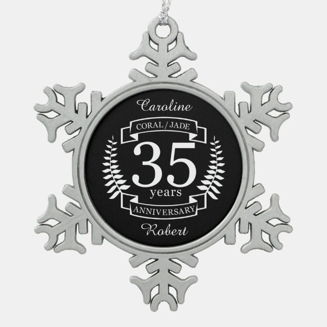 35th Wedding ANNIVERSARY JADE / CORAL Snowflake Pewter Christmas Ornament (Front)