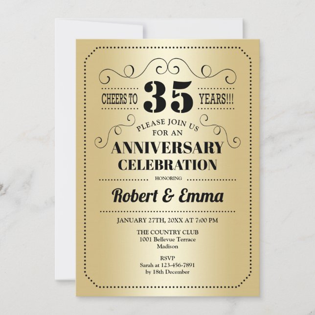 35th Wedding Anniversary Party - Gold Black Invitation (Front)