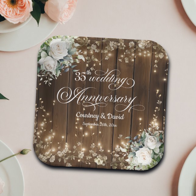 35th Wedding Anniversary Rustic String Lights  Paper Plates (Creator Uploaded)