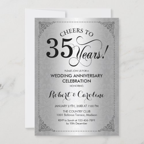 35th Wedding Anniversary _ Silver Black Damask Invitation