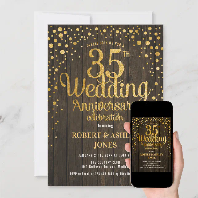 35th Wedding Anniversary - Wood &amp; Gold Invitation | Zazzle