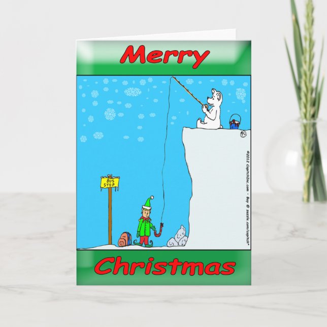 366 Merry Christmas polar bear fishing for elf Holiday Card (Front)
