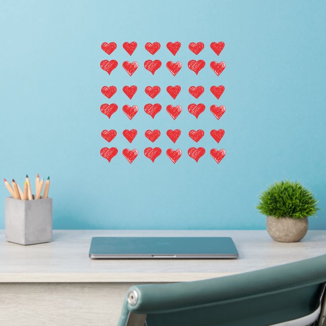 36 Red Hand Drawn Hearts (approx 1.5" wide) on 12" Wall Decal (Home Office 2)