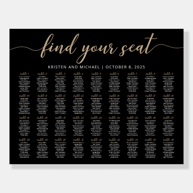 36 Tables Find Your Seat Black Seating Chart Foam Board (Front)