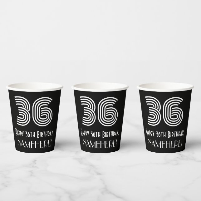 36th Birthday — Art Deco Inspired Look “36” + Name Paper Cups (Multi)