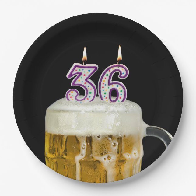 36th Birthday Beer on black Paper Plates (Front)