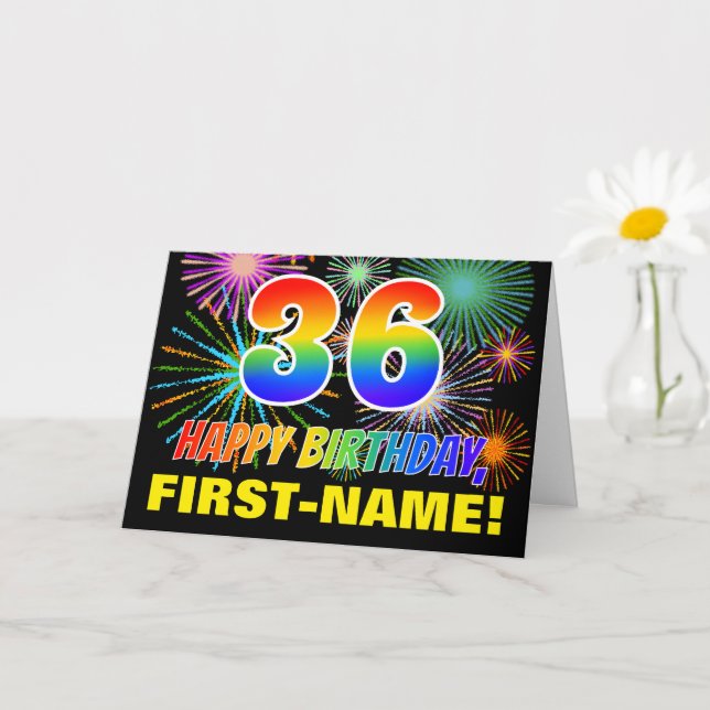 36th Birthday: Bold, Fun, Fireworks, Rainbow 36 Card (Small Plant)