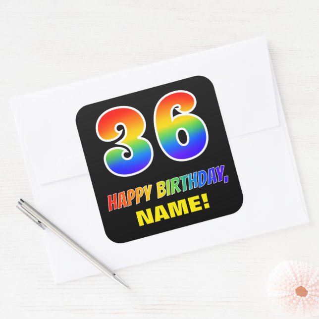 36th Birthday: Bold, Fun, Simple, Rainbow 36 Square Sticker (Envelope)