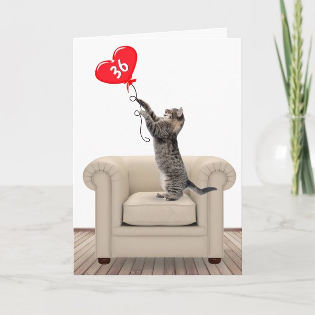 36th Birthday Cat With Heart Balloon Card (Front)