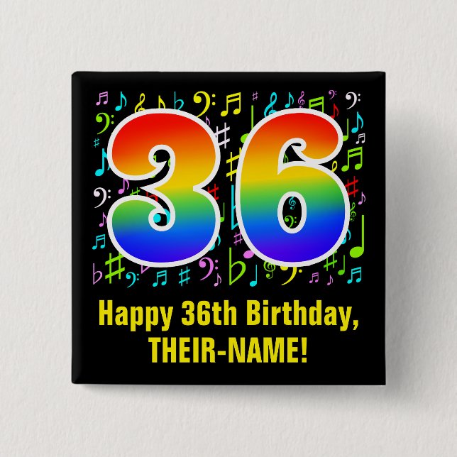 36th Birthday: Colorful Music Symbols, Rainbow 36 Button (Front)