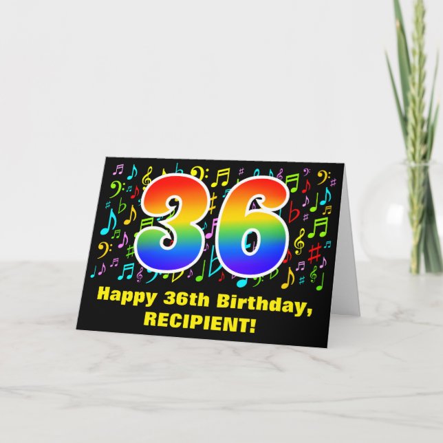 36th Birthday: Colorful Music Symbols & Rainbow 36 Card (Front)
