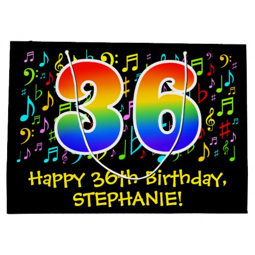 36th Birthday _ Colorful Music Symbols Rainbow 36 Large Gift Bag