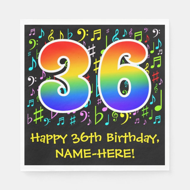 36th Birthday - Colorful Music Symbols, Rainbow 36 Napkins (Front)