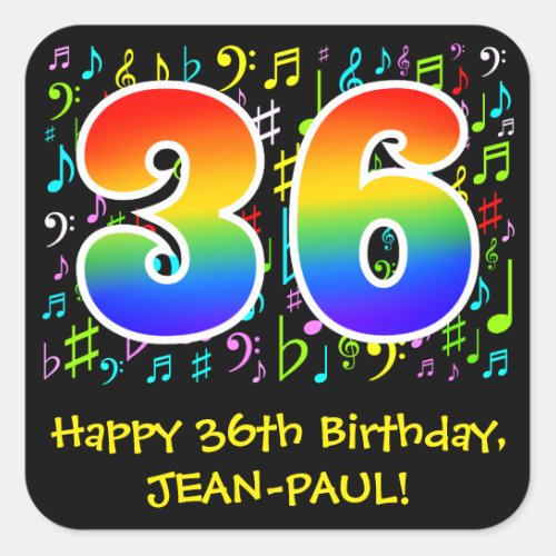 36th Birthday Colorful Music Symbols Rainbow 36 Square Sticker