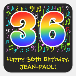 36th Birthday: Colorful Music Symbols, Rainbow 36 Square Sticker