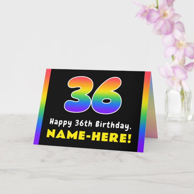 36th Birthday: Colorful Rainbow # 36, Custom Name Card (Orchid)
