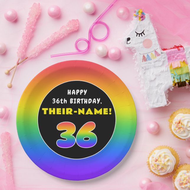 36th Birthday: Colorful Rainbow # 36, Custom Name Paper Plates (Party)