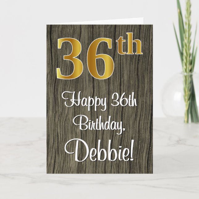 36th Birthday: Elegant Faux Gold Look #, Faux Wood Card (Front)