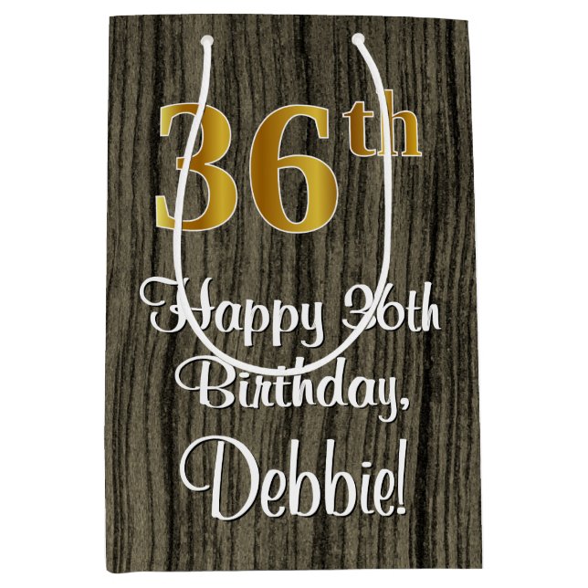 36th Birthday: Elegant Faux Gold Look #, Faux Wood Medium Gift Bag (Front)