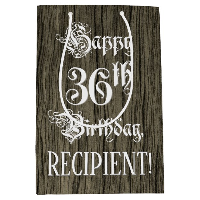 36th Birthday: Fancy, Faux Wood Look + Custom Name Medium Gift Bag (Front)