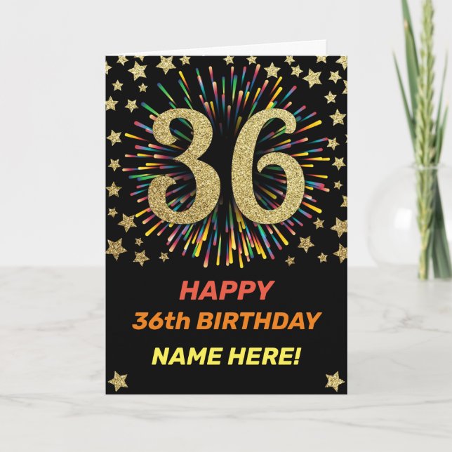 36th Birthday Fireworks Rainbow Gold Fun Card (Front)