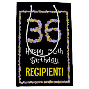 36th Birthday: Floral Flowers Number, Custom Name Medium Gift Bag