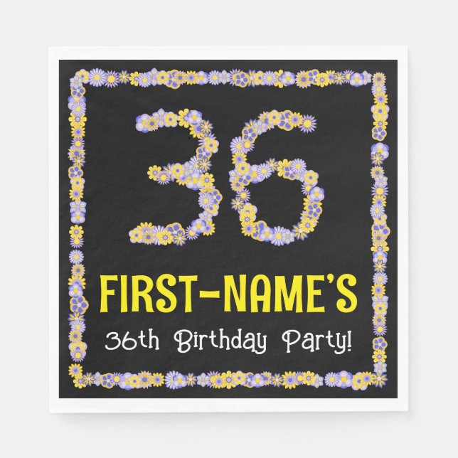 36th Birthday: Floral Flowers Number, Custom Name Napkins (Front)