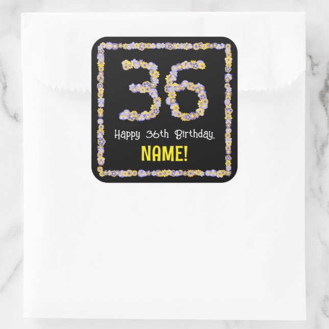 36th Birthday: Floral Flowers Number, Custom Name Square Sticker (Bag)