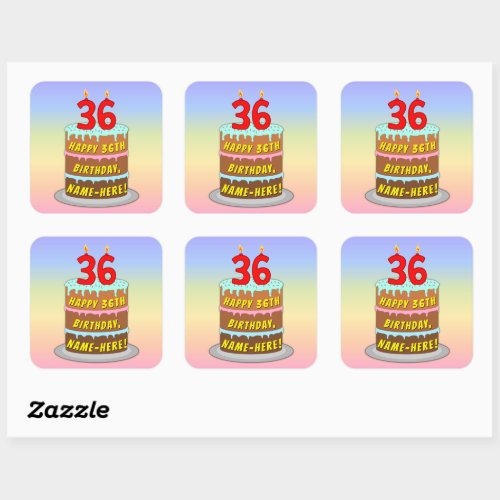 36th Birthday Fun Cake and Candles  Custom Name Square Sticker
