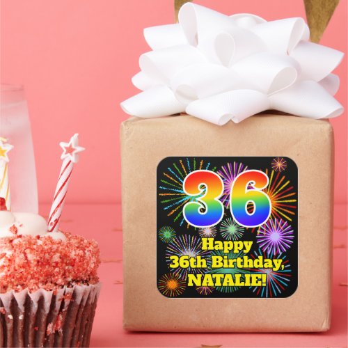 36th Birthday Fun Fireworks Look Rainbow  36 Square Sticker