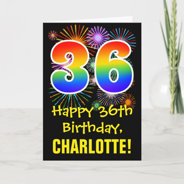 36th Birthday: Fun Fireworks Pattern + Rainbow 36 Card (Front)