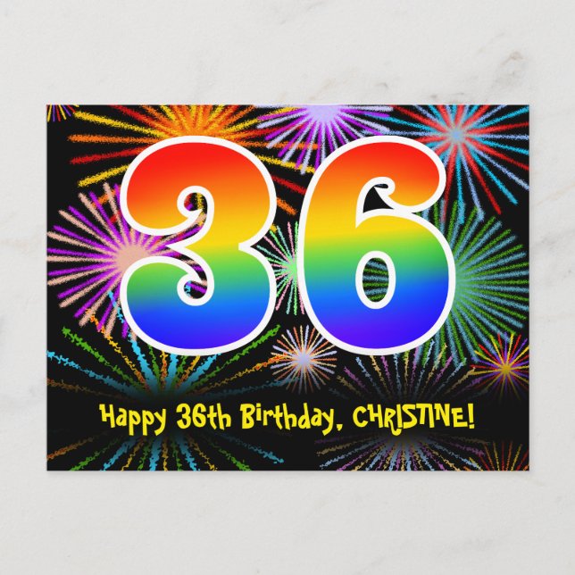 36th Birthday – Fun Fireworks Pattern + Rainbow 36 Postcard (Front)