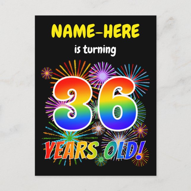 36th Birthday - Fun Fireworks, Rainbow Look "36" Postcard (Front)