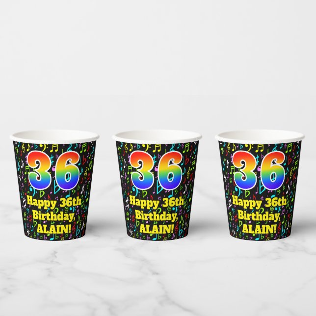 36th Birthday: Fun Music Notes Pattern, Rainbow 36 Paper Cups (Multi)