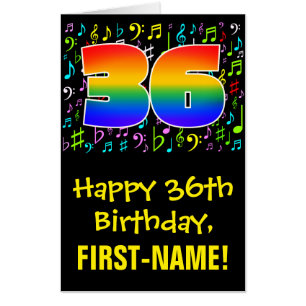 36th Birthday: Fun Music Symbols + Rainbow # 36 Card