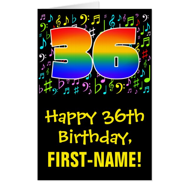 36th Birthday: Fun Music Symbols + Rainbow # 36 Card (Front)