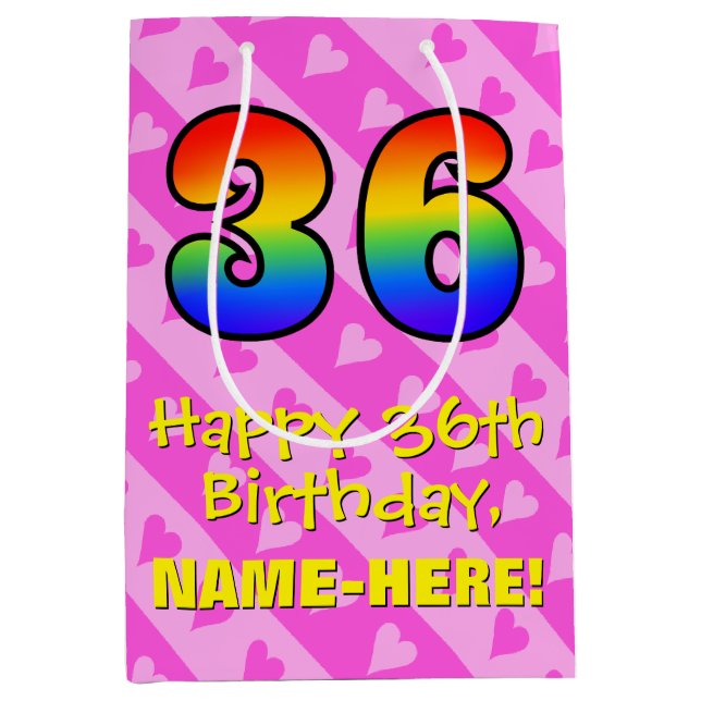 36th Birthday: Fun Pink Hearts Stripes; Rainbow 36 Medium Gift Bag (Front)