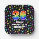[ Thumbnail: 36th Birthday: Fun Stars Pattern and Rainbow “36” Paper Plates ]