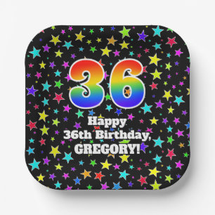 36th Birthday: Fun Stars Pattern and Rainbow “36” Paper Plates