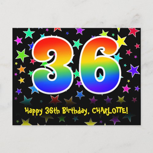 36th Birthday Fun Stars Pattern Rainbow 36 Name Postcard