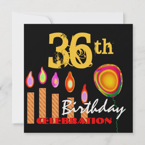 36th Birthday Gold Candles and Balloon Metallic Invitation