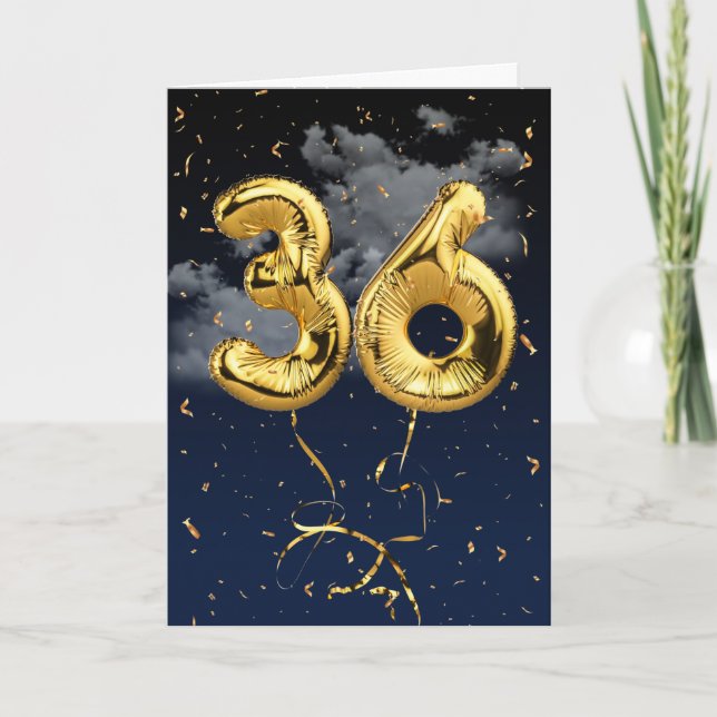 36th Birthday Gold Mylar Balloon and Confetti Card (Front)