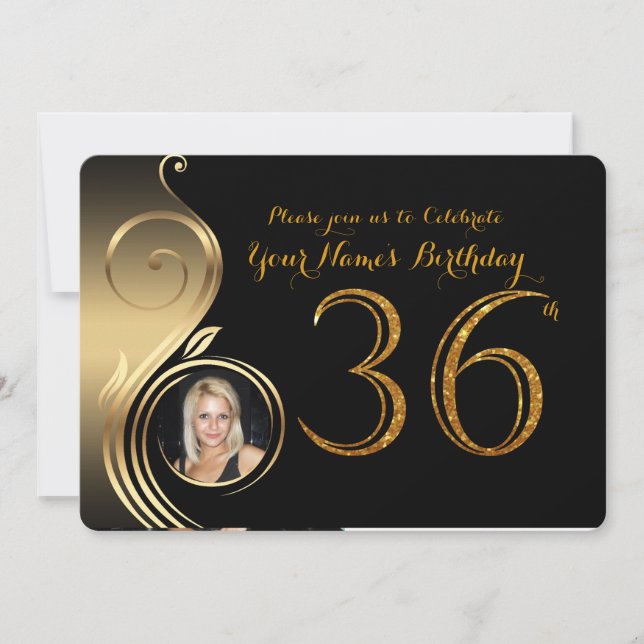 36th,Birthday Invitation,Number Glitter Gold,Photo Invitation (Front)