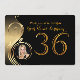 36th,Birthday Invitation,Number Glitter Gold,Photo Invitation